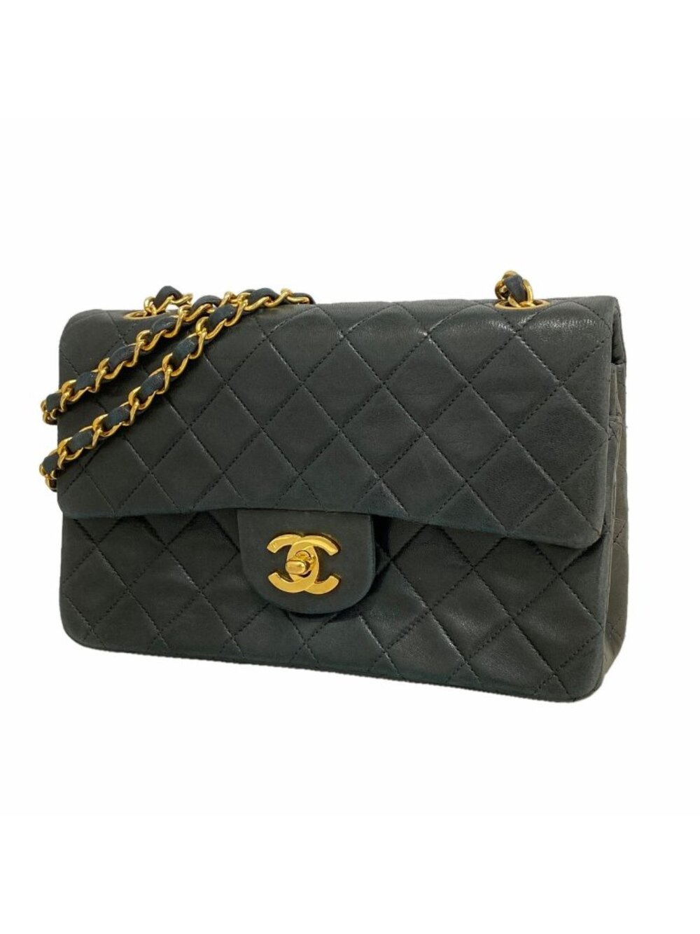 Chanel Shoulder Bag Quilted Lambskin Black Gold